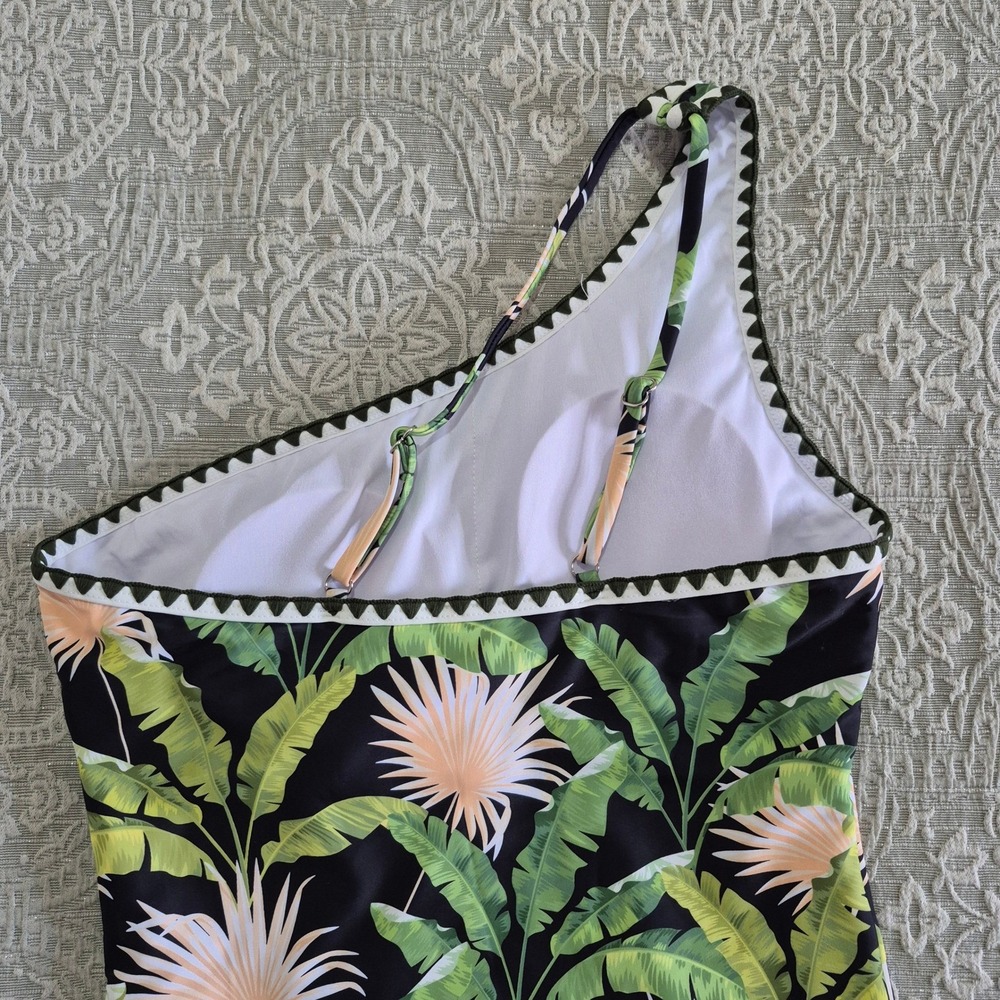 Tropical Palm Leaf One Shoulder One Piece Swimsuit Green Black Scalloped Size M - Picture 8 of 8